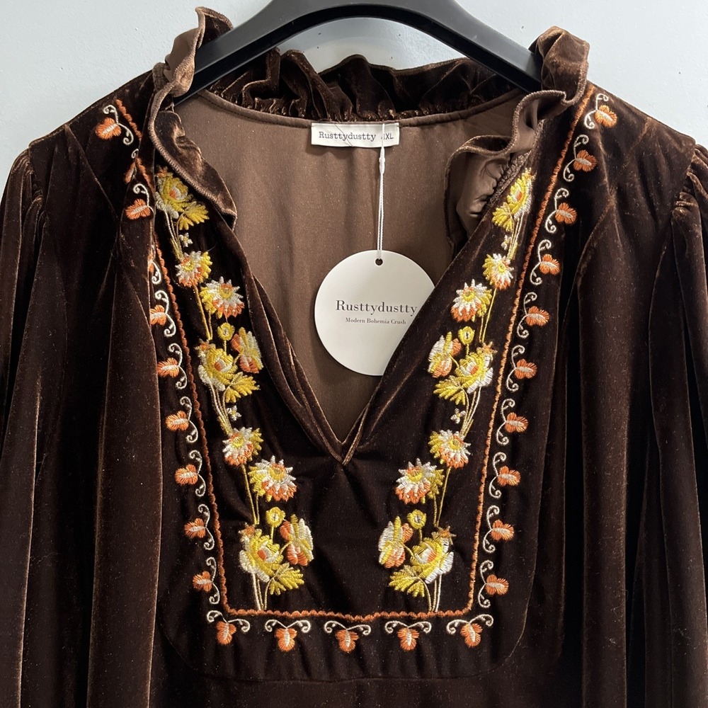 Rustty Dustty Dress Brown Velvet Floral‎ Embroidered Size 4XL Western Cowgirl - Picture 4 of 16